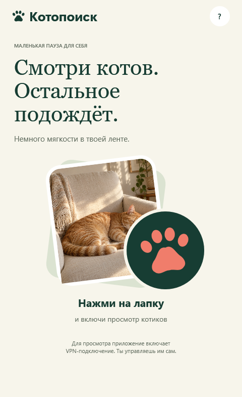 Настоящий экран Котопоиска для Windows: приветствие и кнопка с лапкой